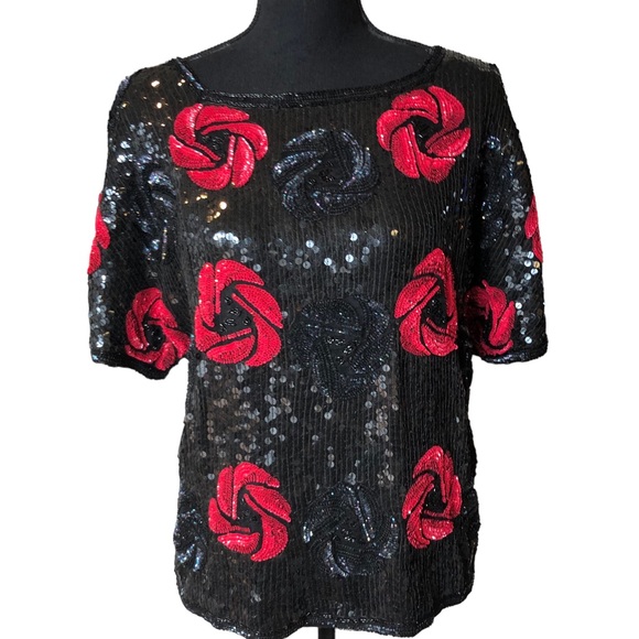 VTG Silk Sequin Beaded Floral Evening Top Megan Barrett Sz S - Picture 11 of 11